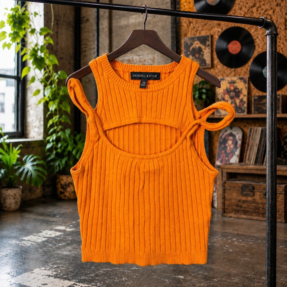 Kendall & Kylie Orange Ribbed Knit Cut Out Tank Top Size XS Viscose
